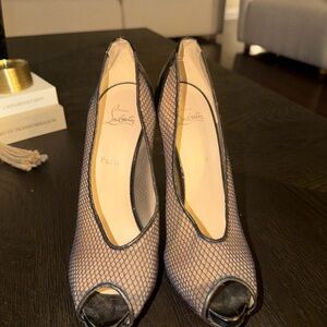 Christian Louboutin Navy Mesh Peep-Toe Pumps with Black Trim